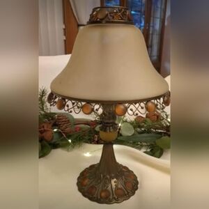PARTYLITE Paris Retro Tealight Candle Lamp w/Jeweled Amber Frosted Shade 12"Hx8W